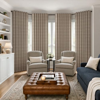 Brown Plaid Gingham Curtains 2 Panels 52W x 84L - Farmhouse Window Drapes, Light Filtering