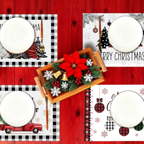 Christmas Placemats Set of 4 with Truck Bell Design - Holiday Table Decor, Winter Kitchen Mats, Christmas Tree Truck Variation