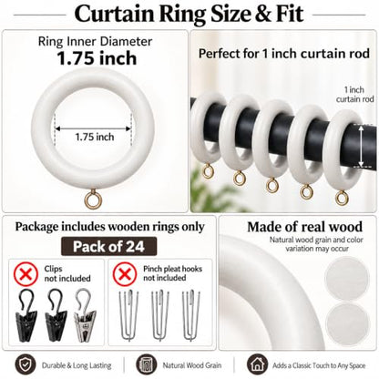 White Wooden Curtain Rings with Eye Hooks - 1.75 Inch Inner Diameter, Set of 24