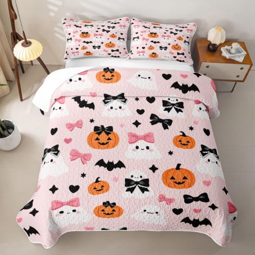 Feelyou Halloween Quilt Set Queen Size Blush Pink Orange - Cozy All-Season Bedding