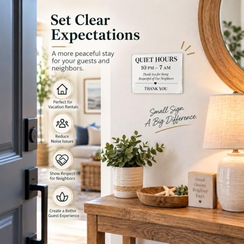 Vacation Rental Quiet Hours Sign - 8 x 6 Inch Acrylic - Clear Adhesive Mount - Defines 10 PM–7 AM Rule