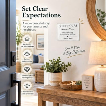 Vacation Rental Quiet Hours Sign - 8 x 6 Inch Acrylic - Clear Adhesive Mount - Defines 10 PM–7 AM Rule