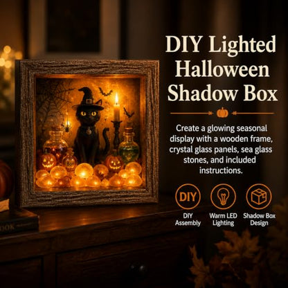 Ghost Campfire DIY Lighted Shadow Box Kit with Rustic Wooden Frame & Sea Glass Stones