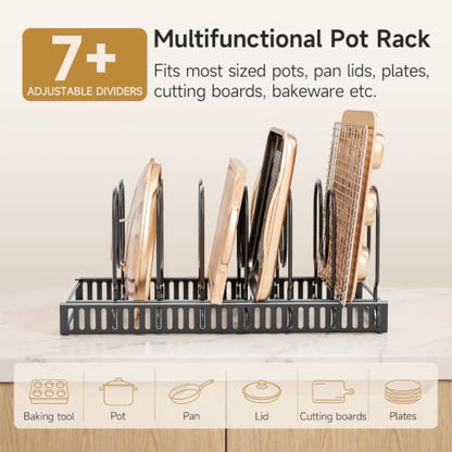 MUDEELA Pot Lid Organizer for Cabinet - Adjustable Baking Pan Rack 7 Slots - 7 Dividers