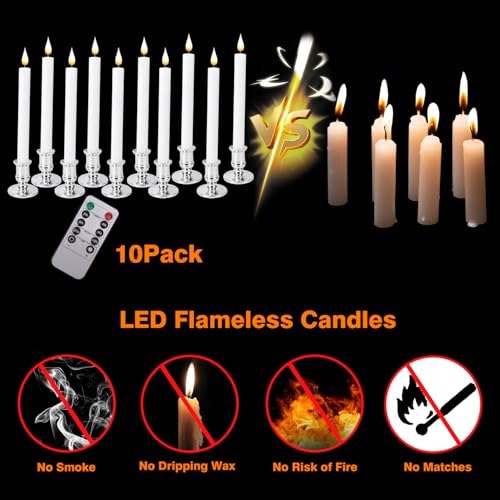 Gold Base LED Flameless Window Candles Set with Remote Timer - 10 pcs