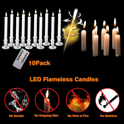 Gold Base LED Flameless Window Candles Set with Remote Timer - 10 pcs
