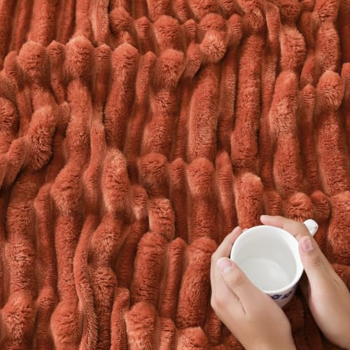 Burnt Orange 50x60 Inch Throw Blanket with 3D Stripe Design for Couch Cozy Home Decor