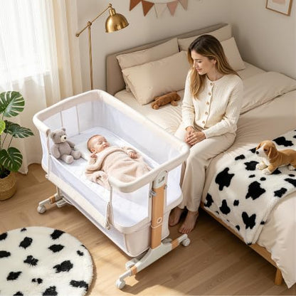 4-in-1 Baby Bassinet Bedside Crib with Mosquito Net & Adjustable Height - Beige