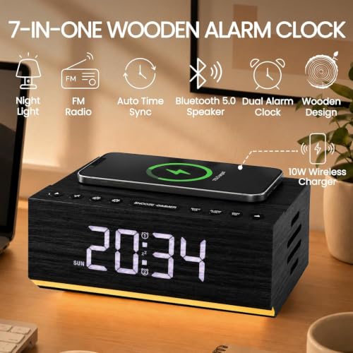 Wooden Digital Alarm Clock with Wireless Charging & Bluetooth Speaker