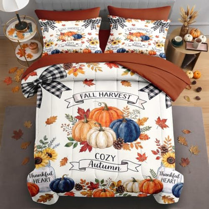 Full Size Fall Comforter Set with Pillowcases and Sheets - Rustic Pumpkin Bedding