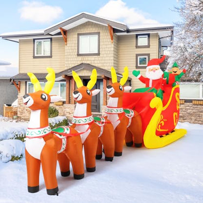 12 Ft Christmas Inflatable Reindeer with Santa Sleigh & LED Lights for Outdoor Yard Decor