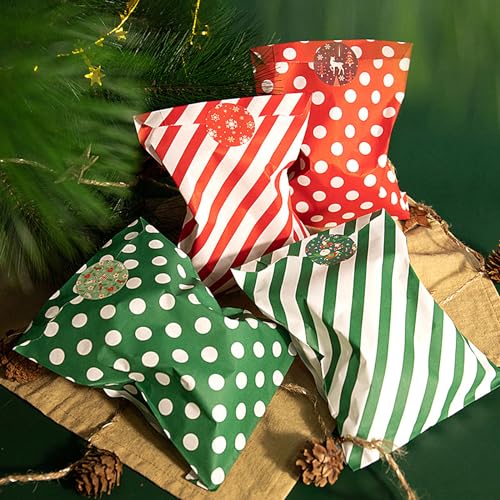 Christmas Treat Bags 100 Pack - Red and Green Polka Dot & Striped Paper Gift Bags