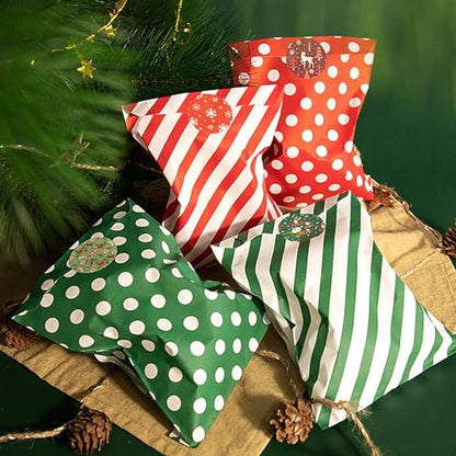 Christmas Treat Bags 100 Pack - Red and Green Polka Dot & Striped Paper Gift Bags