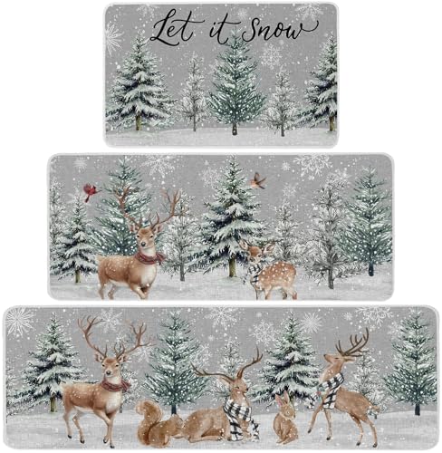Christmas Winter Kitchen Rugs Set of 3 Snowy Pine Deer Snowflakes Non Slip Mats - 17x29, 17x36, 17x47 - Washable Holiday Floor Decor