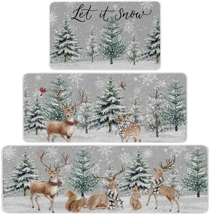 Christmas Winter Kitchen Rugs Set of 3 Snowy Pine Deer Snowflakes Non Slip Mats - 17x29, 17x36, 17x47 - Washable Holiday Floor Decor