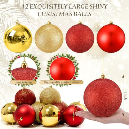 Large Christmas Ball Ornaments Set - Red & Gold 4 Inch, 12 Pack - Shatterproof & Textured