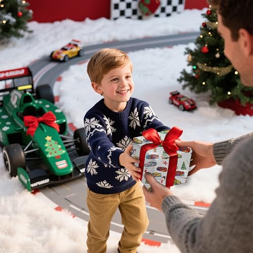 Race Car Christmas Wrapping Paper - White with Holiday Cars & Snowflakes - 4 Sheets, 28x40 Inches - Variation: White