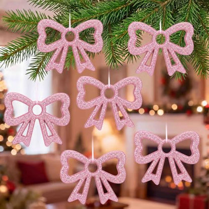 Large Pink Christmas Bow Ornaments Set - 12 Glitter Foam Decorations