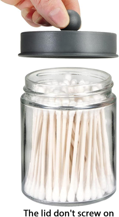 Amolliar Apothecary Jars - Stylish Bathroom Storage Organizer | Glass Canister with Lid for Q-Tips, Cotton Swabs & More - Grey (2 Pack)