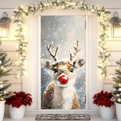 Christmas Door Cover Decoration Red Reindeer Holiday Front Door Banner 35x79 Inch
