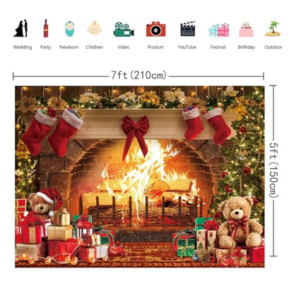 Christmas Fireplace Backdrop 7x5FT Vintage Stocking Xmas Tree Photography Background Brown