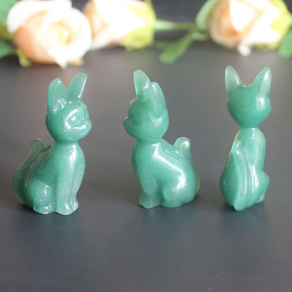 Skiennix Hand-Carved Gemstone Crystal Abyssinian Cat Figurine - Green Aventurine 2" Home Decor
