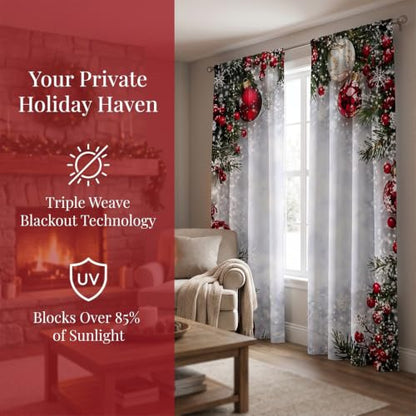 E 39x86 Inch Christmas Holiday Printed Curtains for Living Room - 2 Pieces