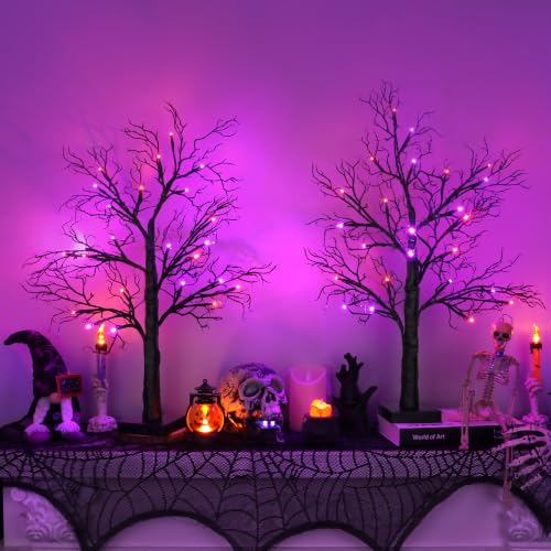 Halloween Black Tree Decorations with Orange Purple LEDs - Style 1, 24 Inch, Indoor Home Centerpiece, Timer, Battery or USB Powered