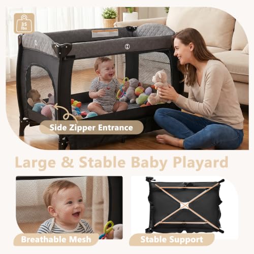 Kinder King Portable Pack and Play Baby Playard with Bassinet - Light Grey