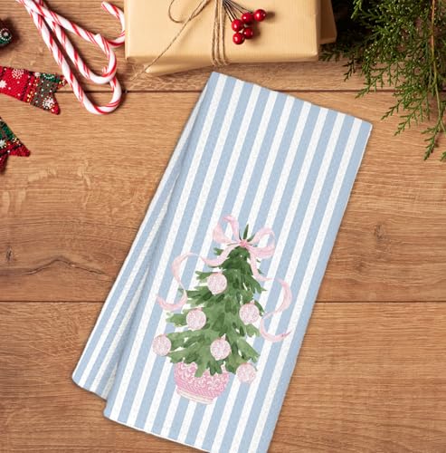 Blue Striped Pink Ball Christmas Tree Kitchen Towels - Holiday Decor 16x24