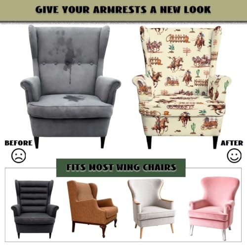 Western Cowboy Horse Wingback Chair Cover Reversible Dustproof Slipcover with Ottoman Protector - Fits Most Wing Chairs, Washable, Furniture Protector