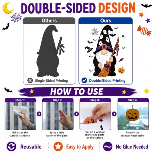 Giant Halloween Gnome Window Clings Set - Double Sided Decor for Glass