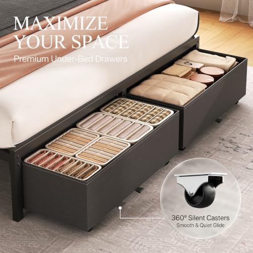 Queen Bed Frame with Storage Drawers and Charging Station - Grey, Queen Size