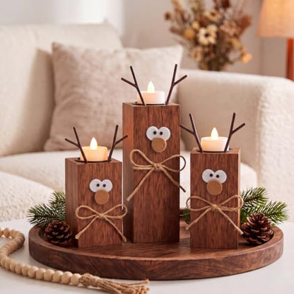 Set of 3 Rustic Wooden Reindeer Candle Holders for Christmas Decor