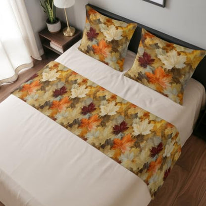 Fall Maple Leaf Bed Runner Set Ochre Burgundy 102x20 Inches with Pillowcases