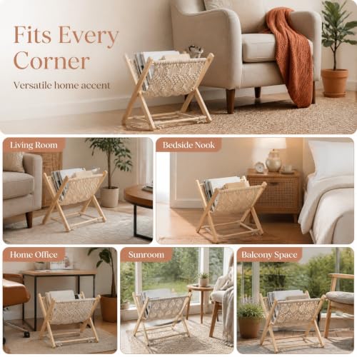 Wood Frame Magazine Rack with Cotton Rope Strap - Space Saving Folding Book Holder