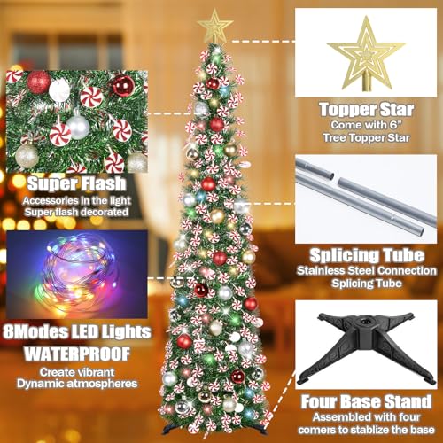 Pop Up Christmas Tree 5ft with Timer Lights Decorations - Green & Candy