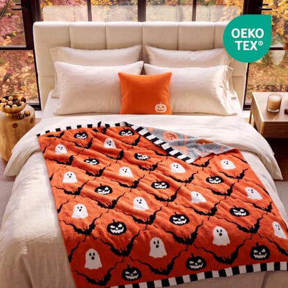 Halloween Orange Pumpkin Bat Plaid Throw Blanket - 50x60 Inches, Ultra Soft & Cozy