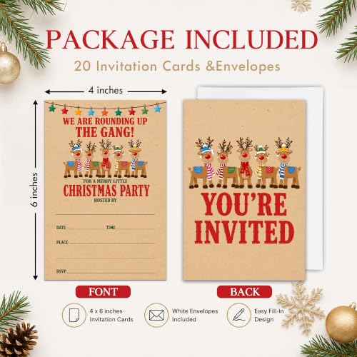 Christmas Party Invitations with Envelopes - 20 Retro Reindeer Cards - A10