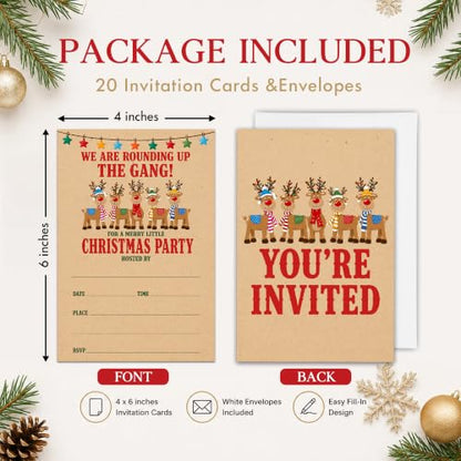 Christmas Party Invitations with Envelopes - 20 Retro Reindeer Cards - A10