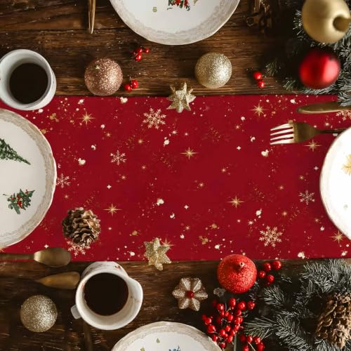 Christmas Tree Table Runner 72 Inches Long - Red Gold Beige Xmas Decor, Snowflake Sparkle Cotton Linen