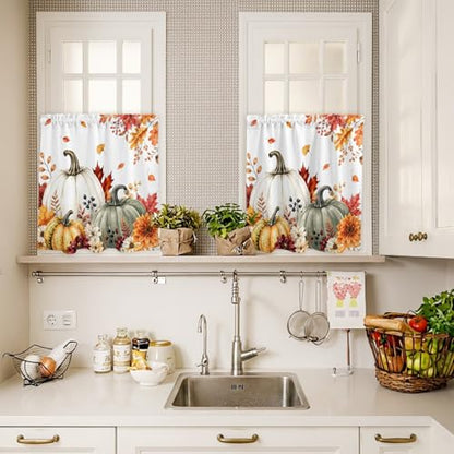White Green Pumpkins Fall Kitchen Curtain Set Small Half Curtains 24 Inch Length - Pack of 3 White / 54" W x 24" L