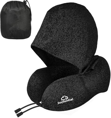 Black Travel Neck Pillow with Hood, Memory Foam Support for Flights & Travel
