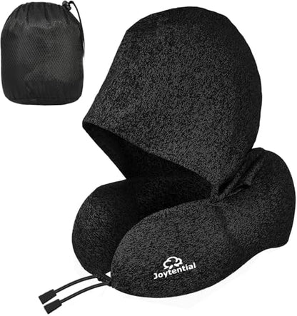 Black Travel Neck Pillow with Hood, Memory Foam Support for Flights & Travel