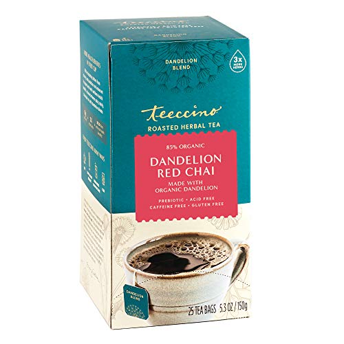 Teeccino Dandelion Red Chai Tea - Caffeine-Free, Roasted Herbal Tea with Prebiotics, 3x More Herbs than Regular Tea Bags, Gluten Free - 25 Tea Bags