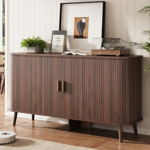 55-Inch Walnut Fluted Sideboard Buffet Cabinet with Sliding Door - Mid-Century Modern Storage
