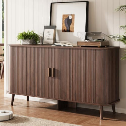 55-Inch Walnut Fluted Sideboard Buffet Cabinet with Sliding Door - Mid-Century Modern Storage