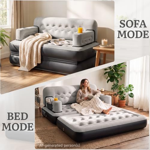 Queen Size Air Sofa Bed Mattress with Headboard & Pump, Inflatable Couch for Home & Travel