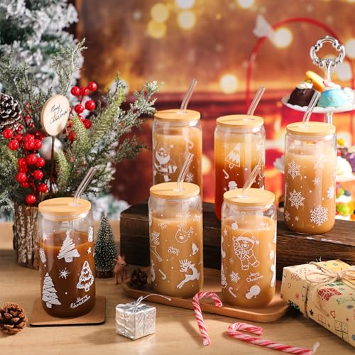 Christmas Glass Cups Set 16 oz with Lids, Straws & Brush - White Style