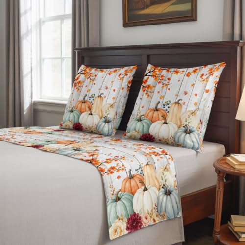 Fall Pumpkin and Maple Leaf Bed Runner Set with Matching Pillow Covers - Blue, Gray, Orange, White, 83x20 Inches